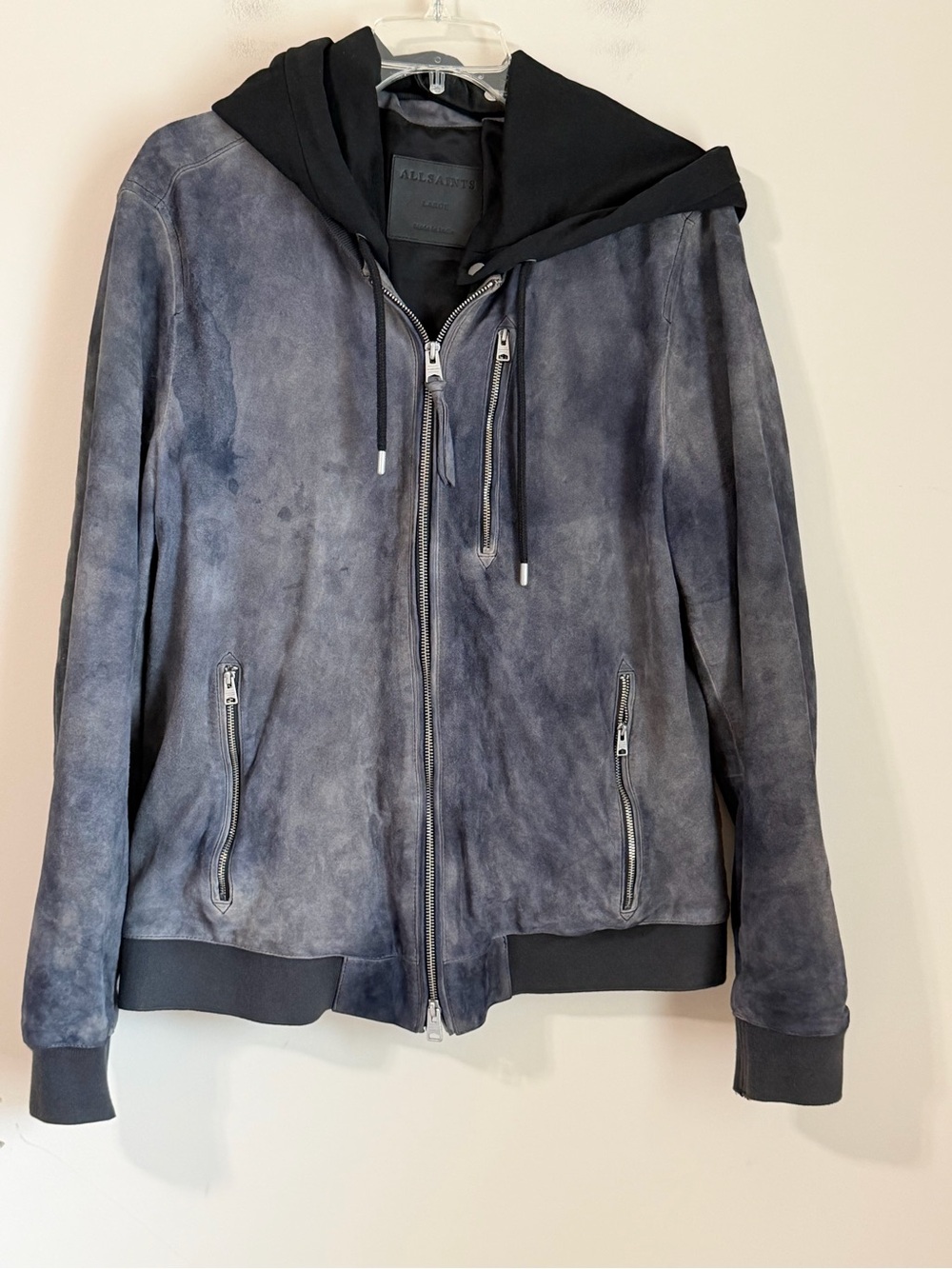 AllSaints Suede Goat Leather Bomber Jacket Hooded Size Large
